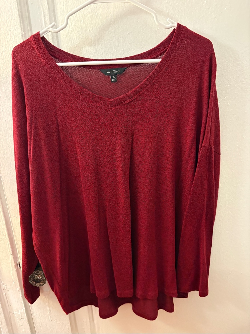 Well Worn Women's Burgundy V-Neck Long Sleeve Top